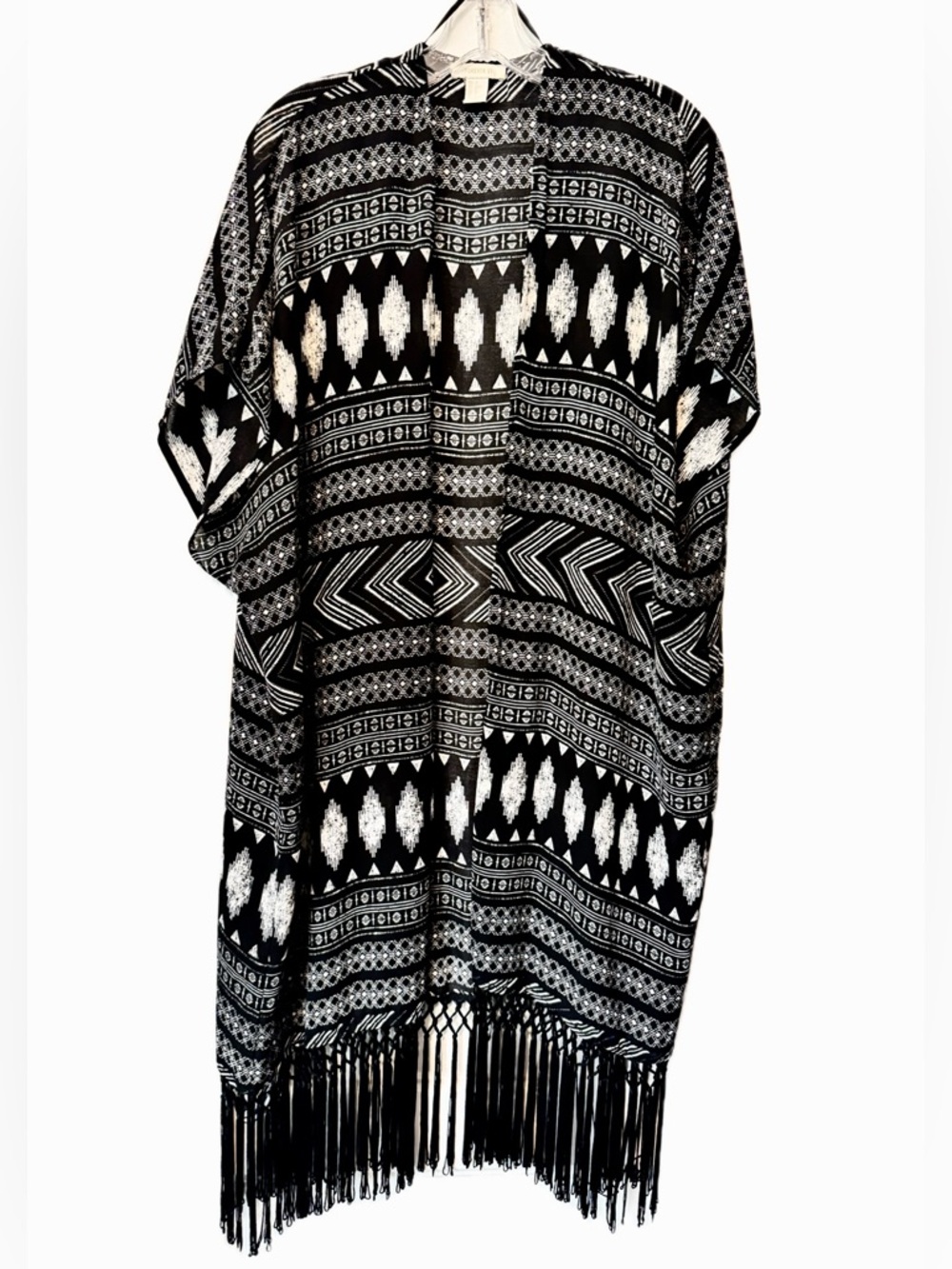 Forever 21 Boho Fringe Kimono Duster Black White Geometric